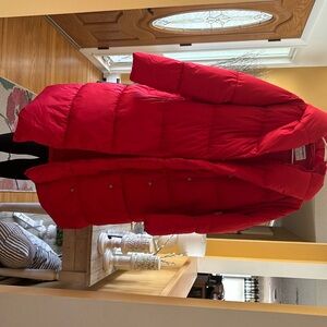 Red long winter puffer jacket